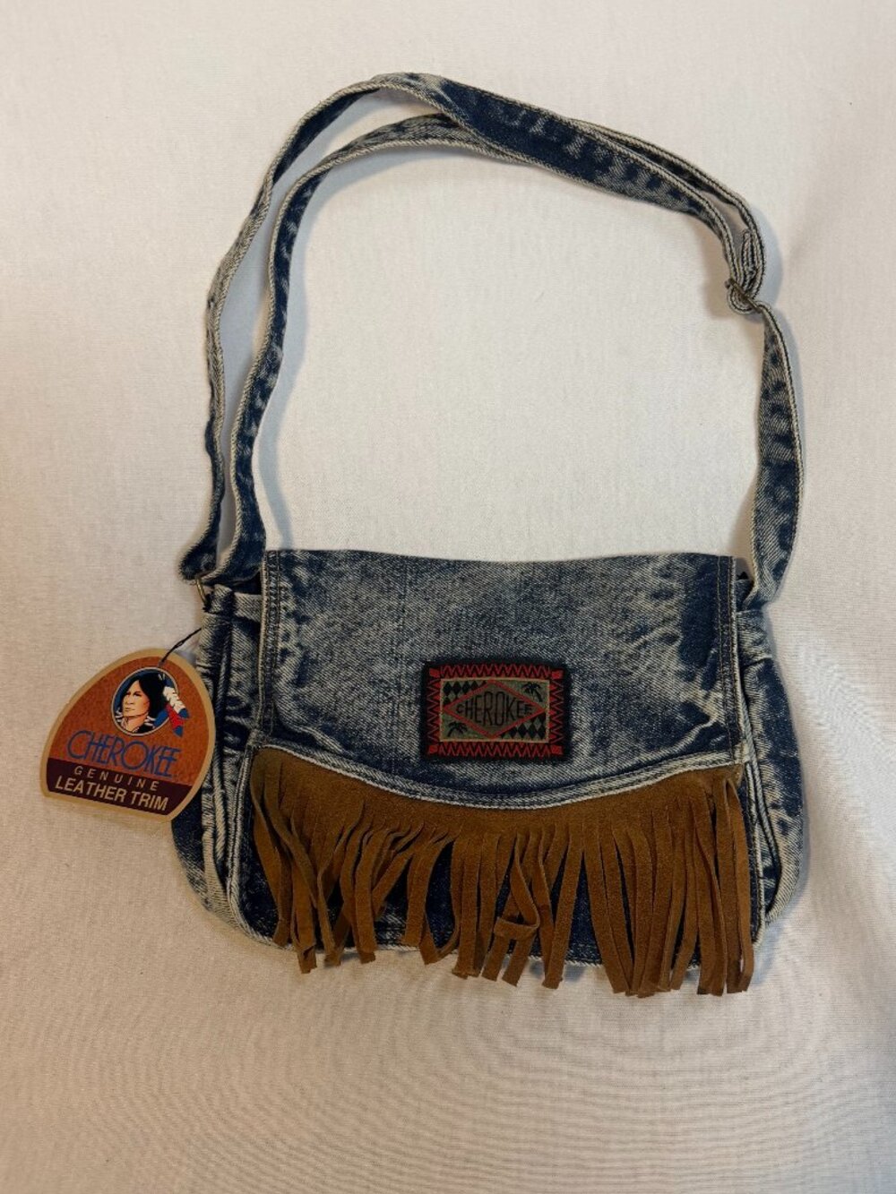 Cherokee Vintage Denim Crossbody Bag NWT Acid Wash Leather Fringe Western Fall
